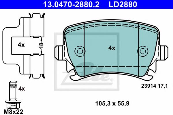 Колодки торм.задн. CERAMIC AUDI A3/A4/A6/TT 1.8-4.2 11.00->. SEAT TOLEDO 1.6-2.0