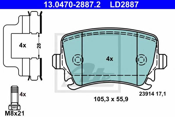 13 0470-2887 2 колодки дисковые задние  Ceramic  Audi A2 A3 A6 A8  VW