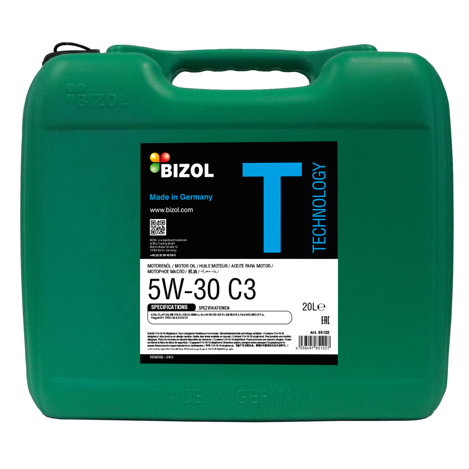 85122 BIZOL НС-синт. мот.масло Technology 5W-30 SN C3 (20л)