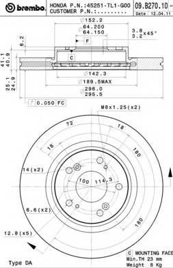 Диск тормозной Fr Honda Accord VIII D296мм 08-