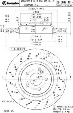 Тормозной диск Re MB SL (R230) окраш 01-12